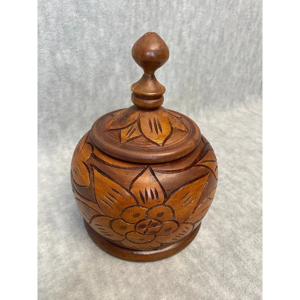 Round Hand Carved Wood Container With Lid‎ Floral Design Decorative Trinket Box